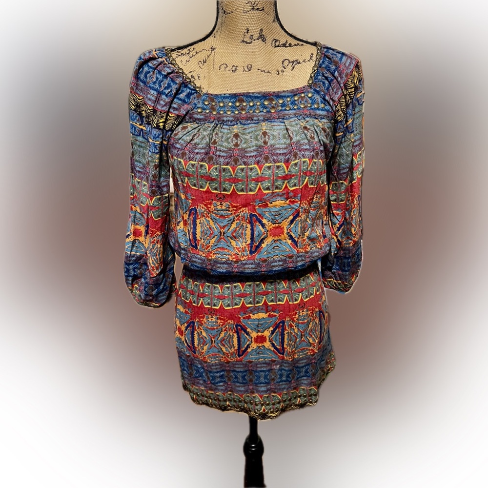 Angie Boho Peasant Mini Dress Blouse Beaded Neckline Tribal Gathered Waist S EUC
